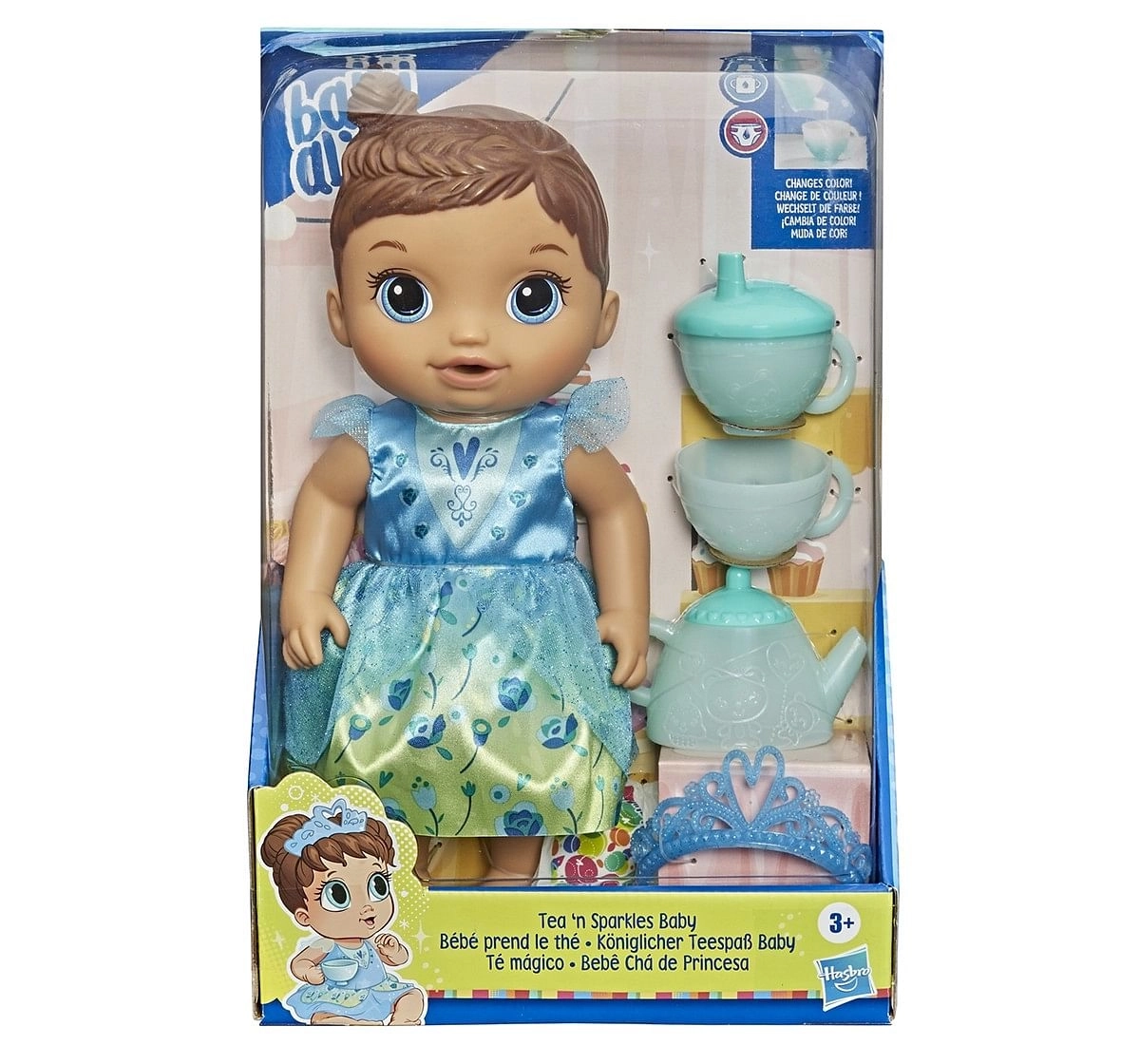 Baby Alive Tea ‘n Sparkles Baby Doll, Color-Changing Tea Set, Doll Accessories, Drinks and Wets, Brown Hair Toy for Kids Ages 3Y+