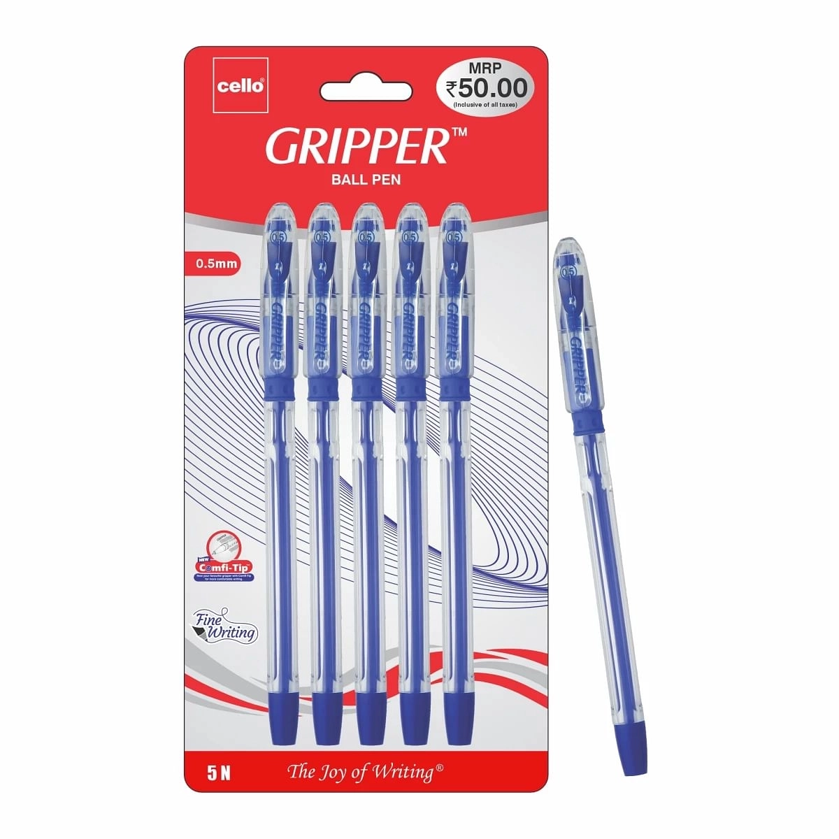 BIC CELLO Gripper Ball Pen, Pack of 5, Blue, 10Y+