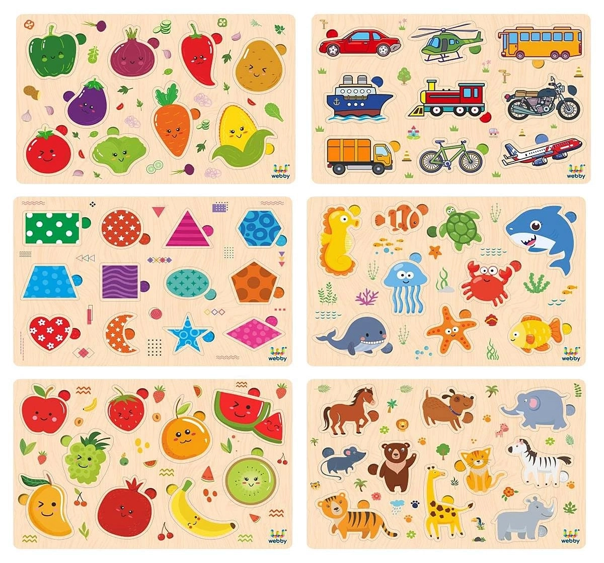 Wooden Educational Colorful Fruits, Vegetables, Sea Animals, Public Transport, Shapes, Animals Puzzle by Webby For Preschool Kids, Set Of 6, Multicolor