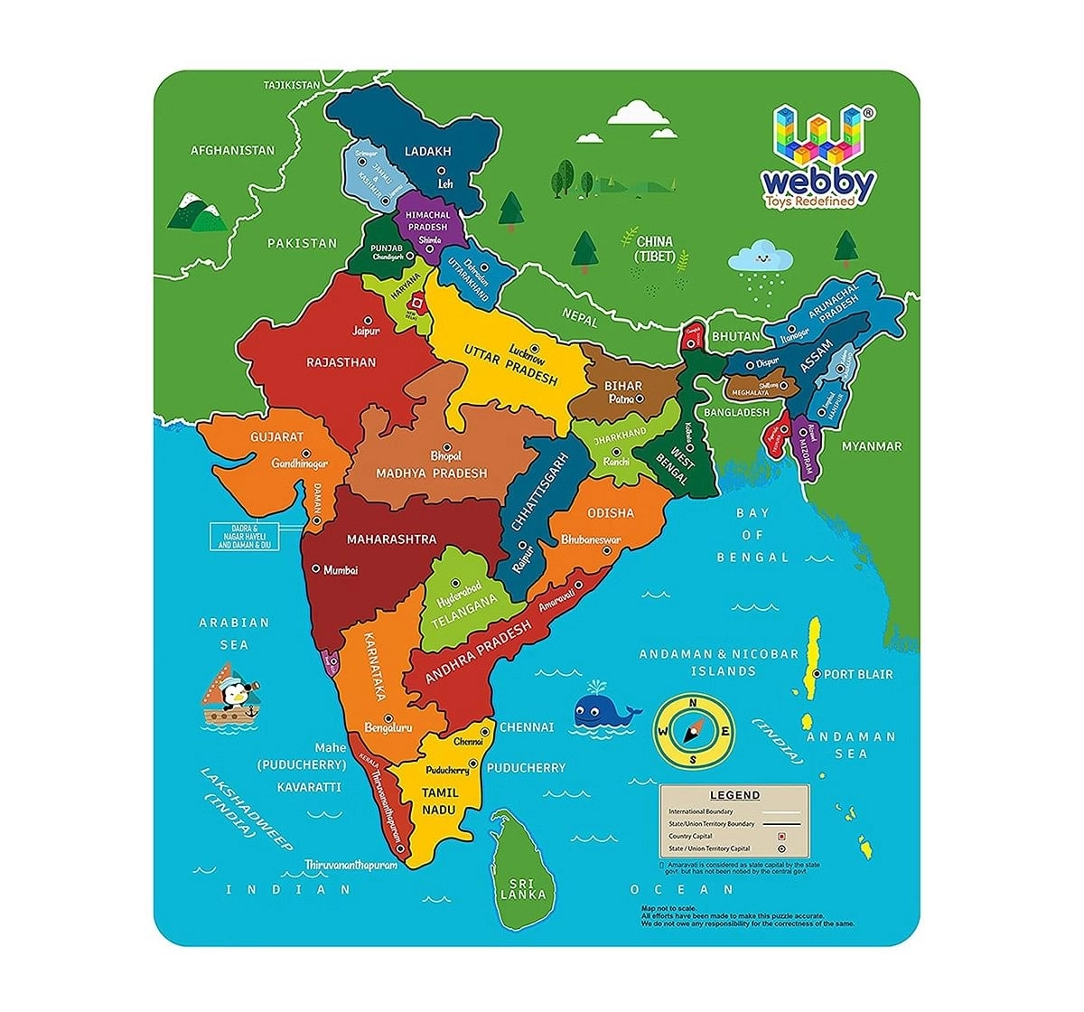 Webby Wooden India Map Puzzle Board,  3Y+ (Multicolour)