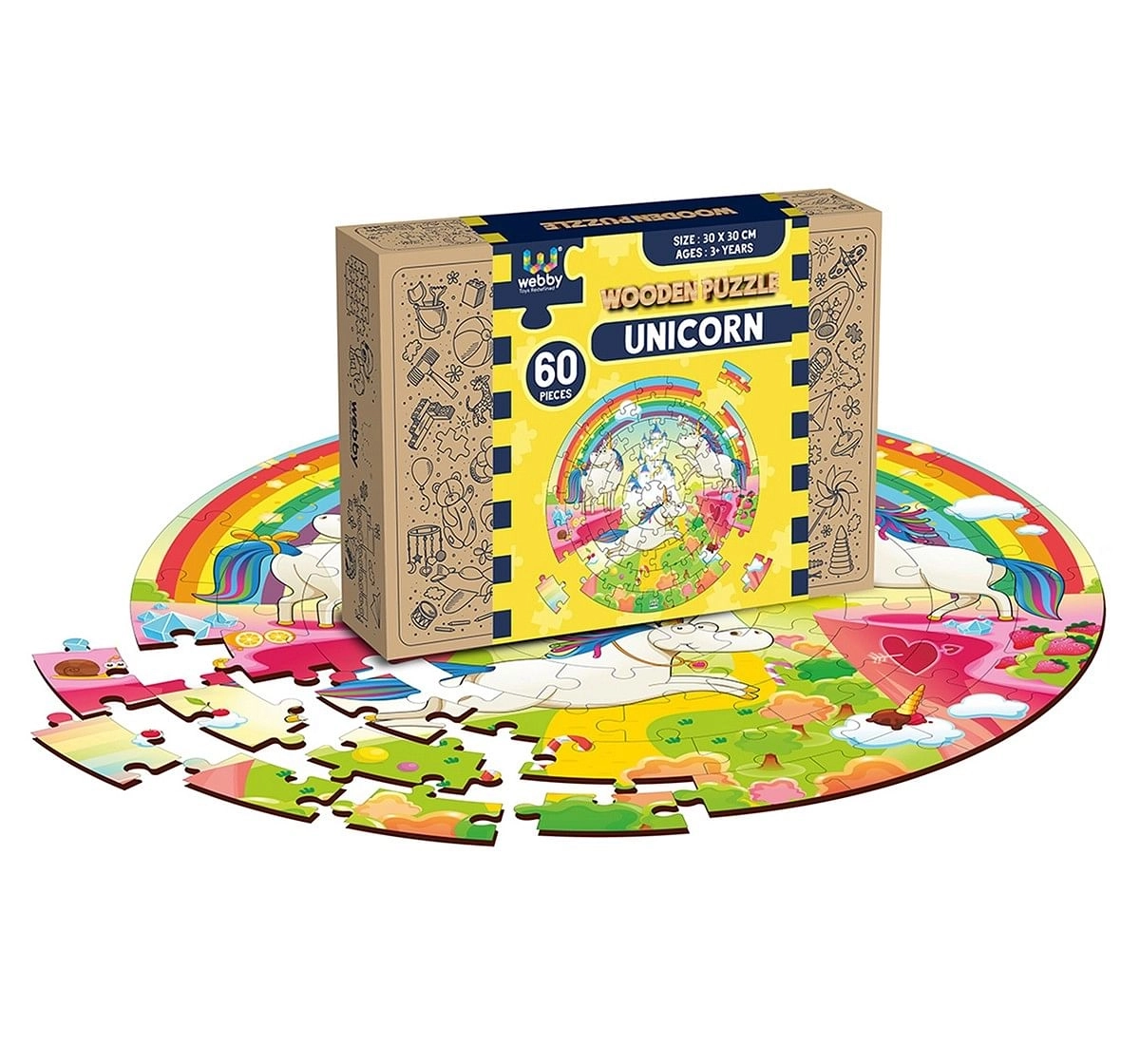 Webby Unicorn Round Wooden Puzzle 60pcs,  5Y+ (Multicolour)