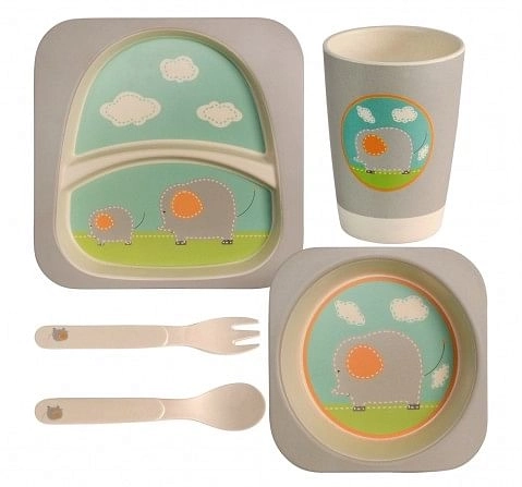 Polka Tots Bamboo Fiber 5 Pieces Dinning Set, Baby Elephant, 0M+ (Grey)