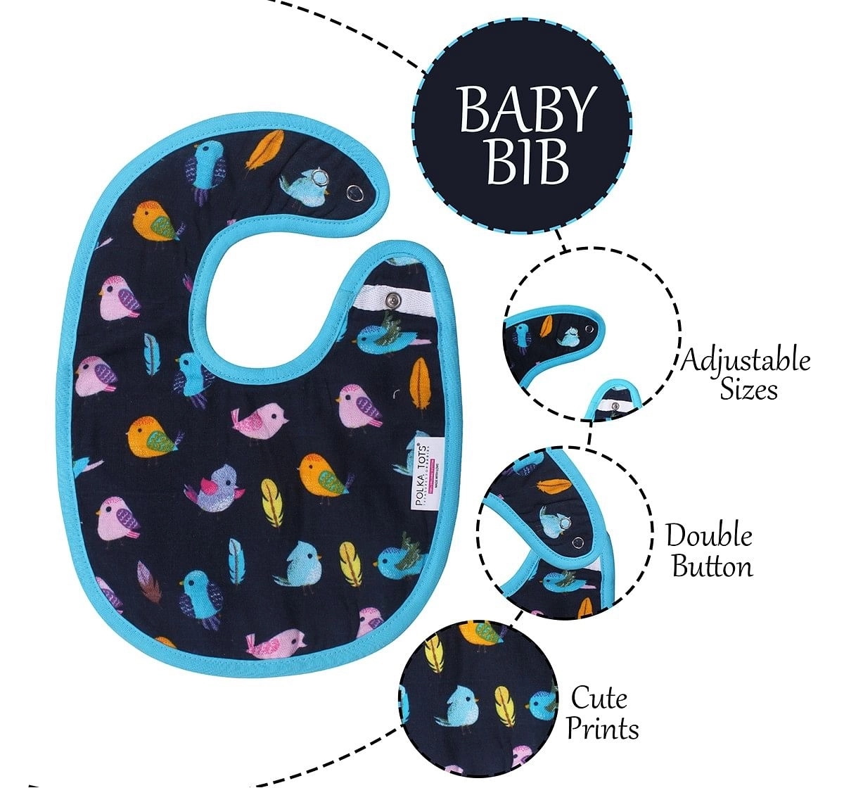 Polka Tots Organic Muslin Cotton Bibs, Bird, 0M+ (Multicolour)