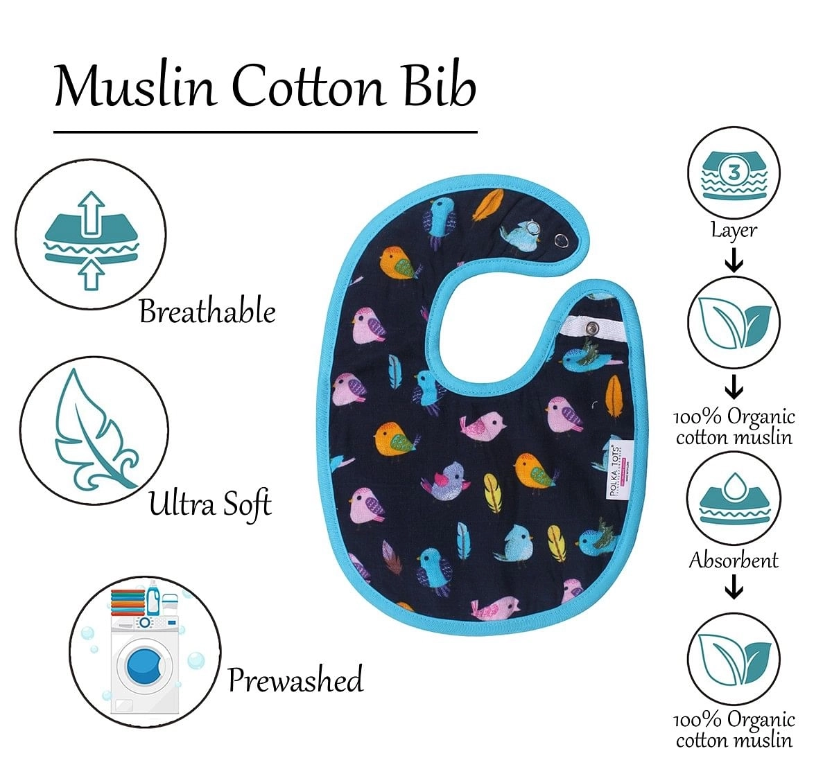 Polka Tots Organic Muslin Cotton Bibs, Bird, 0M+ (Multicolour)