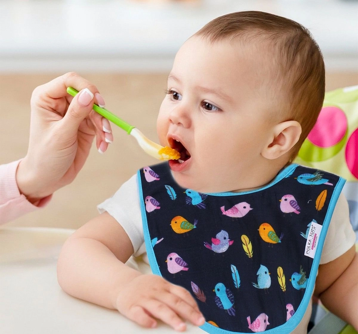 Polka Tots Organic Muslin Cotton Bibs, Bird, 0M+ (Multicolour)