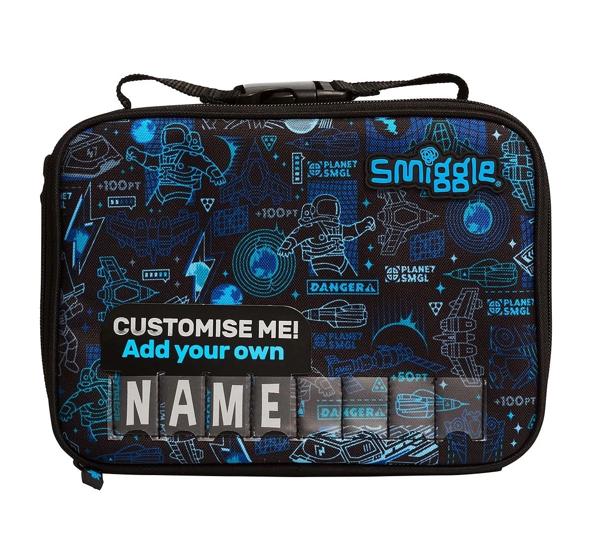 Smiggle Bright Side Square Id Attachable Lunch Box Personalised for Kids 3Y+, Black