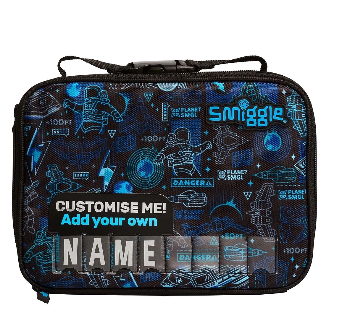 Smiggle Bright Side Square Id Attachable Lunch Box Personalised for Kids 3Y+, Black