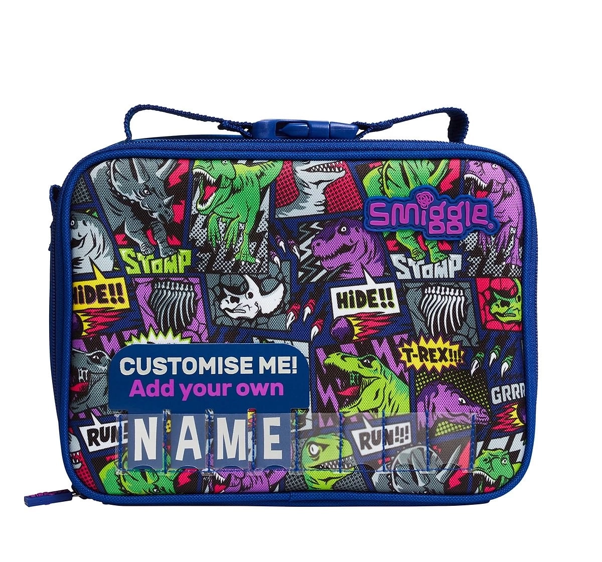 Smiggle Bright Side Square Id Attachable Lunch Box Personalised for Kids 3Y+, Blue