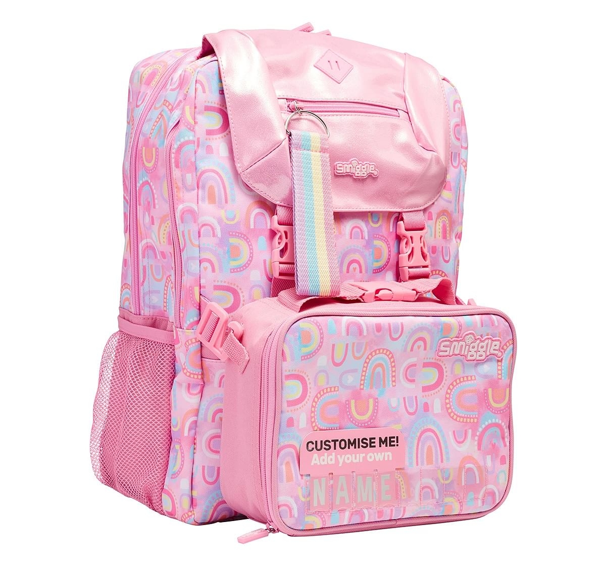 Smiggle Bright Side Foldover Attachable Colourful Printed Bag for Kids, 18 inches, 3Y+, Pink
