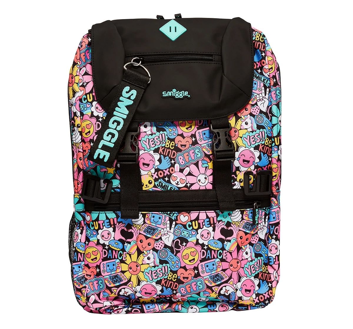Smiggle Bright Side Foldover Attachable Colourful printed bag for Kids 3Y+, Black