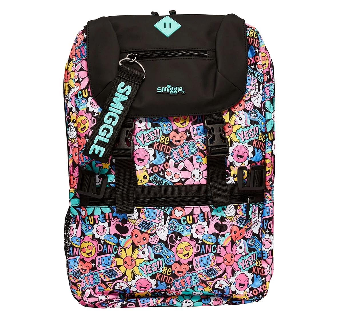 Smiggle Bright Side Foldover Attachable Colourful printed bag for Kids 3Y+, Black