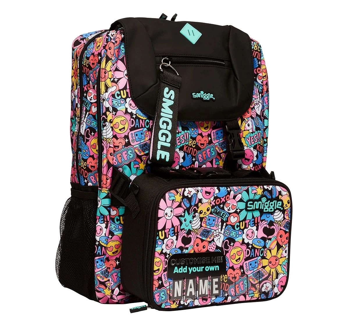 Smiggle Bright Side Foldover Attachable Colourful printed bag for Kids 3Y+, Black