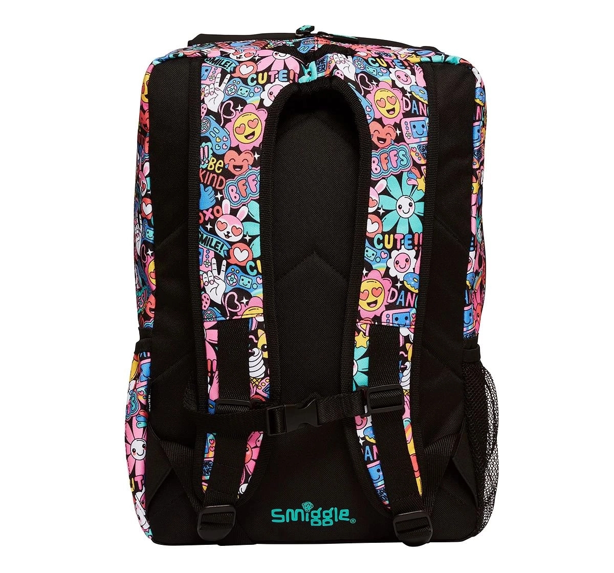 Smiggle Bright Side Foldover Attachable Colourful printed bag for Kids 3Y+, Black