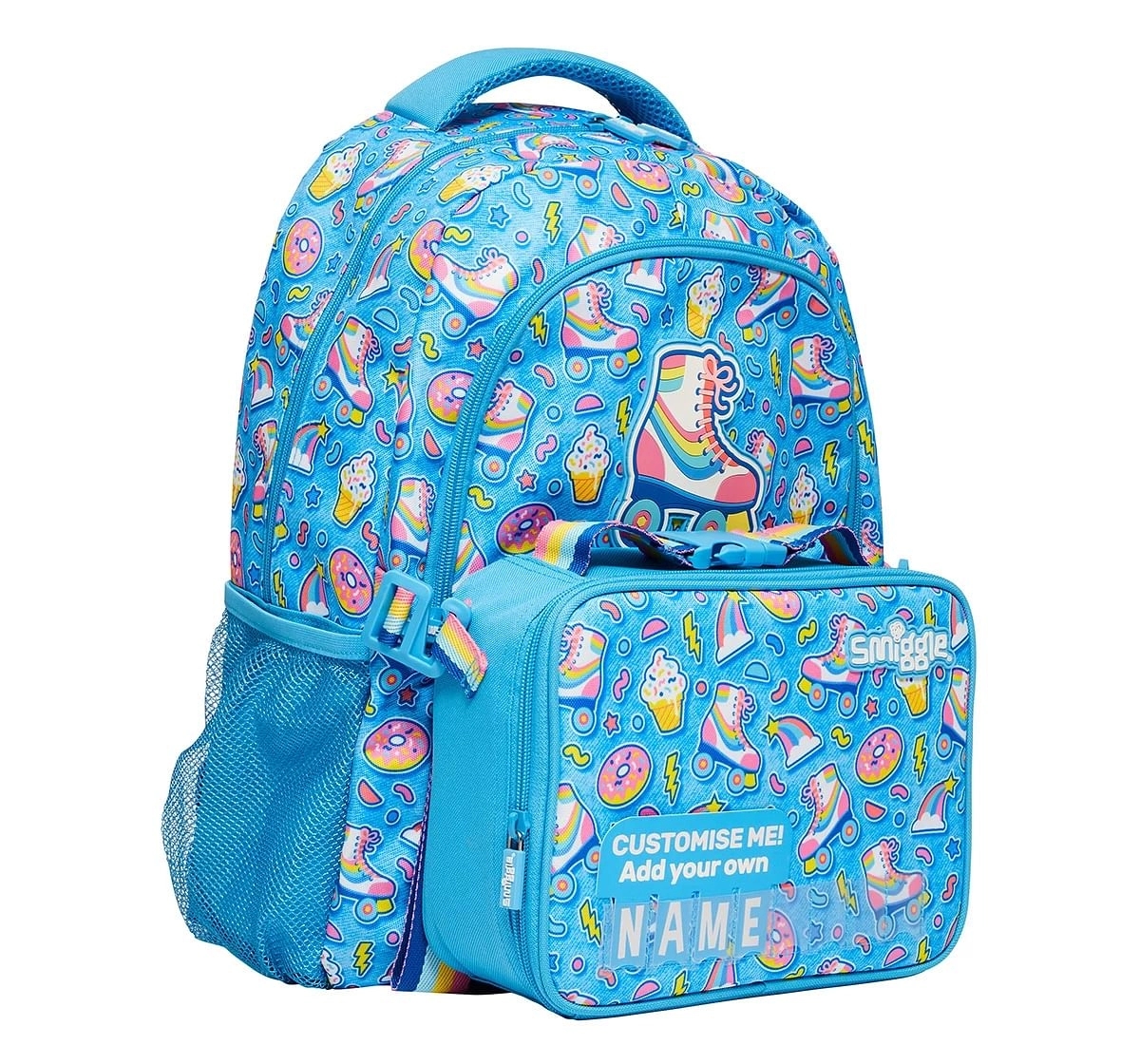 Smiggle Bright Side Classic Attachable Colourful printed bag for Kids 3Y+, Blue and Black