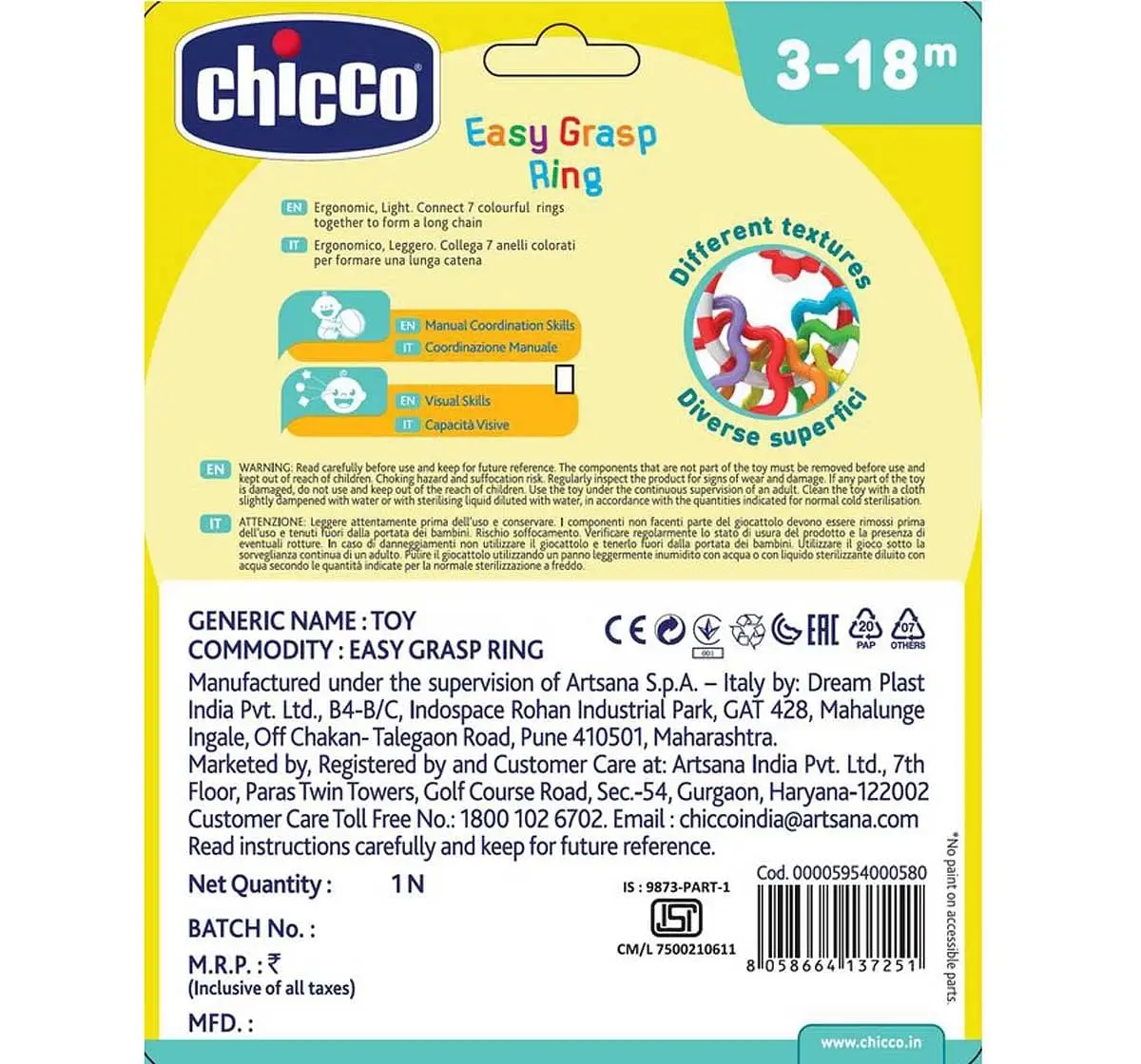 Chicco Easy Grasp Ring Rattle for Kids 3M+, Multicolour