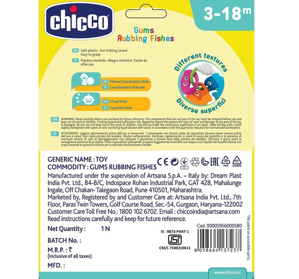 Chicco Gums Rubbing Fishes Rattle for Kids 3M+, Multicolour