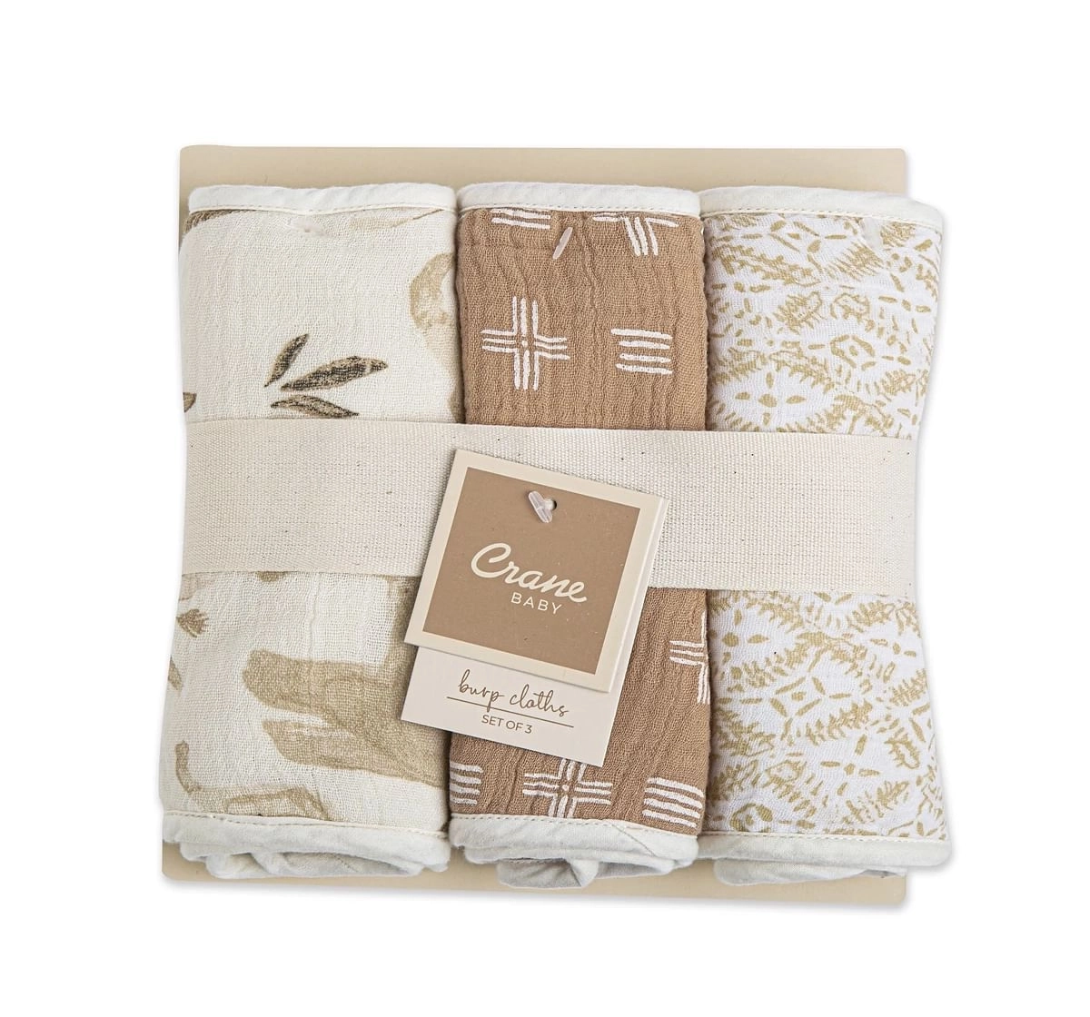 Crane Baby Kendi Collection Burp Cloth, Cotton Burping Cloth For Babies, Set of 3, 0Y+ Beige