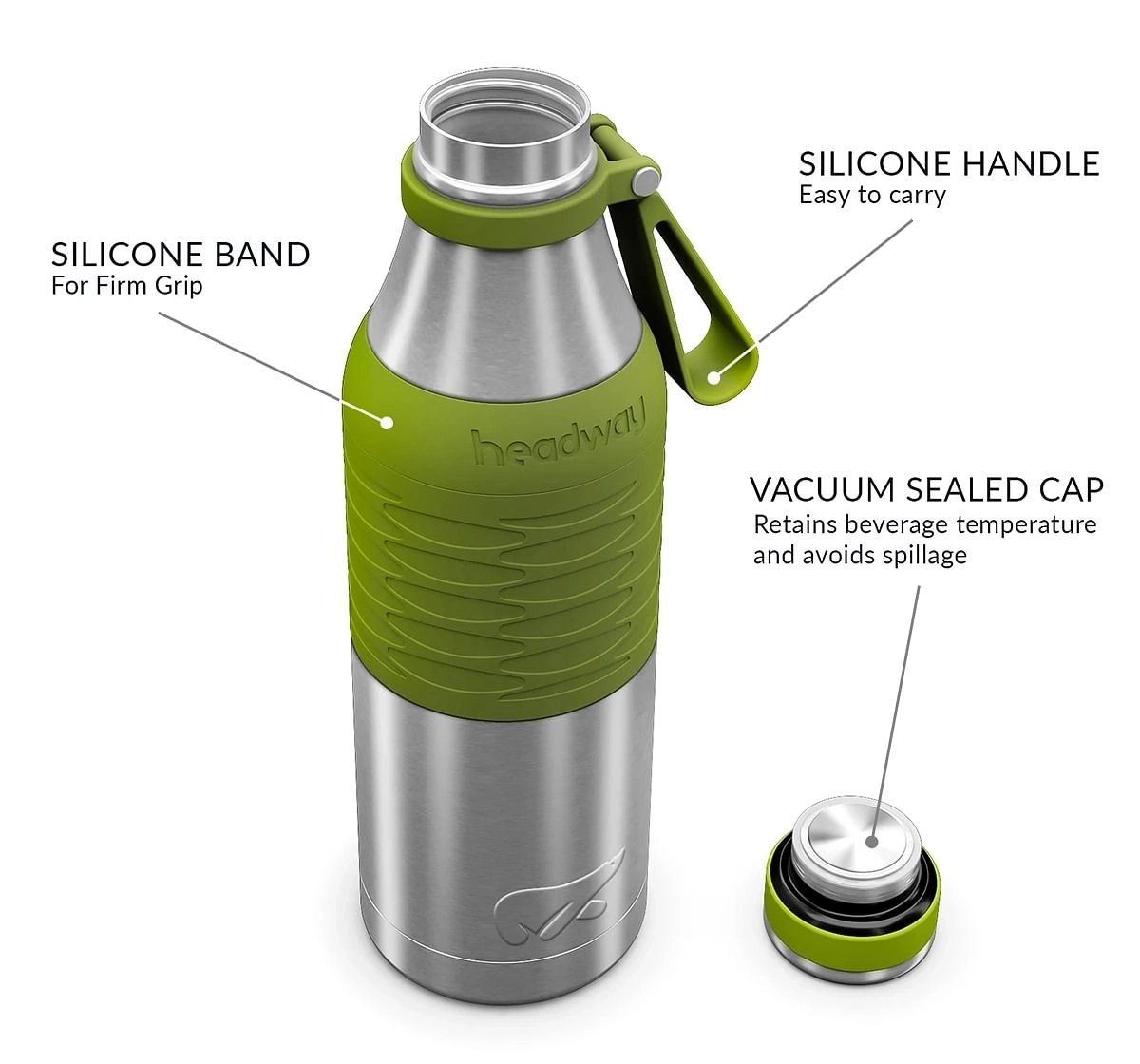 Headway Burell Classic Bottle 600ml Triple Layered Insulation for kids 10Y+, Green