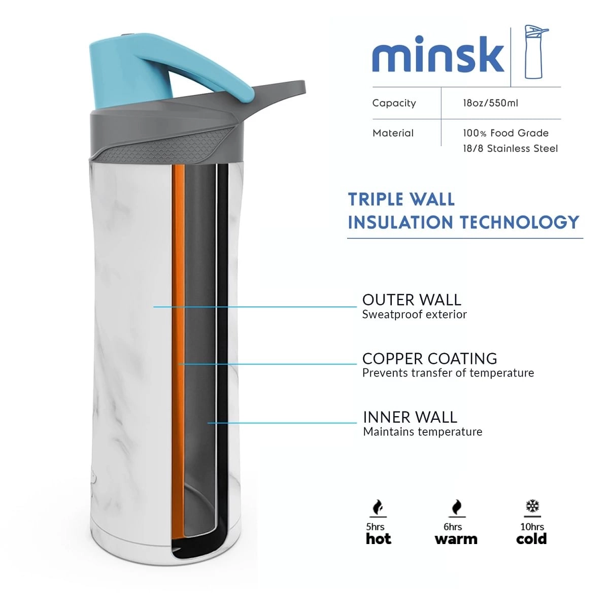Headway Minsk Vacuum Insulated Stainless Steel Bottle Marble 550 ML Marble 10Y+