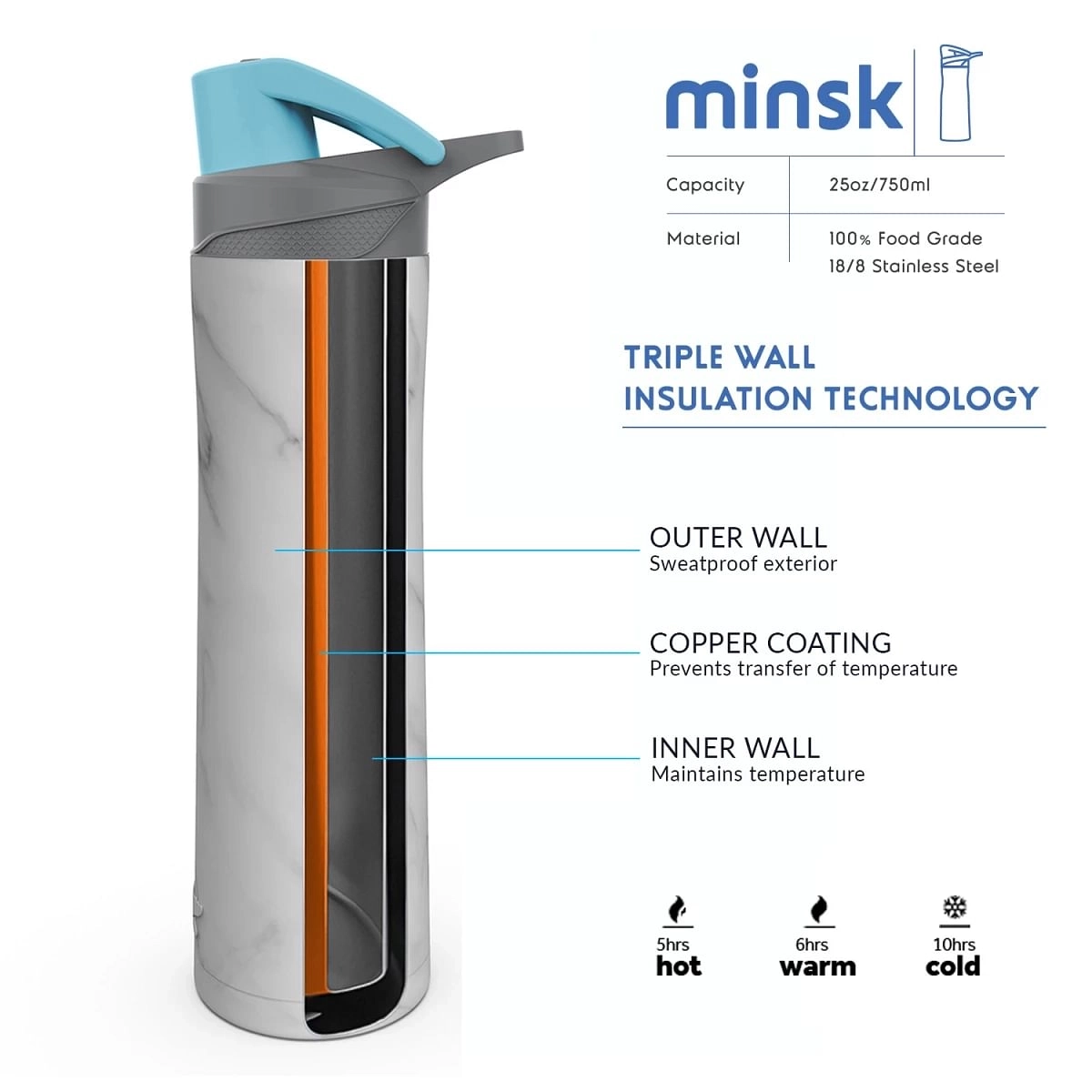 Headway Minsk Vacuum Insulated Stainless Steel Bottle Marble 750 ML Marble 10Y+