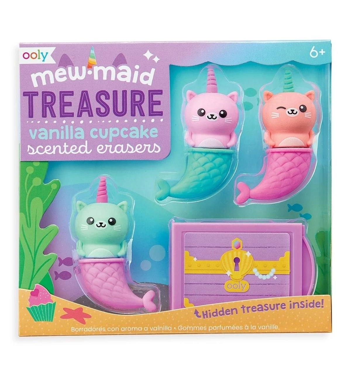 OOLY Mewmaid Treasure Scented Erasers, Erasers for Art, School, and Office Use, Classroom Set, 4 PC, Multicolour, 6Y+