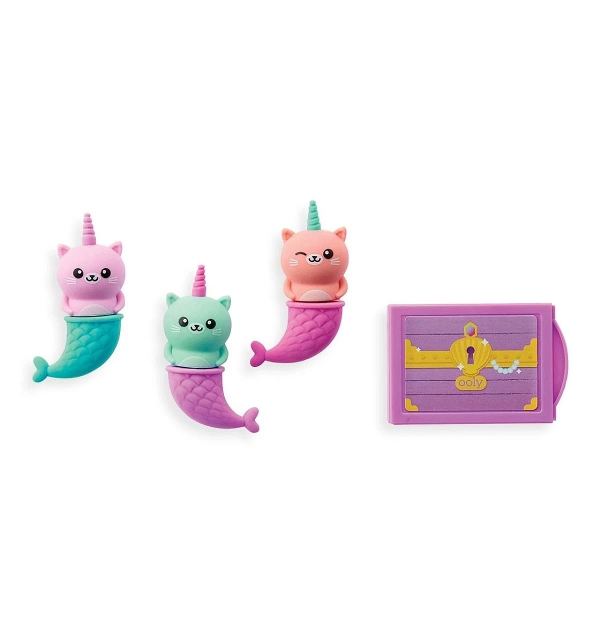 OOLY Mewmaid Treasure Scented Erasers, Erasers for Art, School, and Office Use, Classroom Set, 4 PC, Multicolour, 6Y+