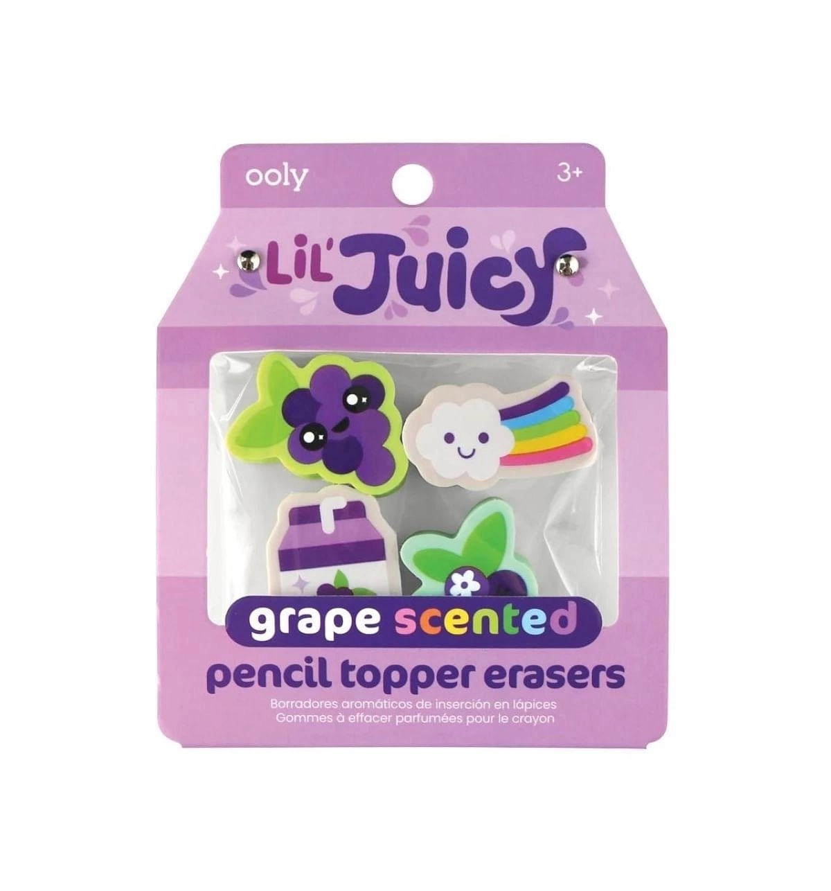 OOLY Lil' Juicy Scented Pencil Topper Eraser, Erasers for Art, School, and Office Use, Classroom Set, Set of 4, Purple, 6Y+