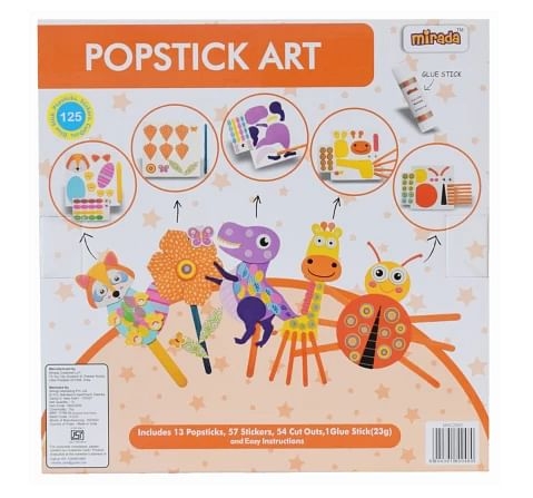 Popstick Art by Mirada for Kids of Age 3 Yrs & Above, Art & Craft Activity, Multicolour, Includes 13 Popsticks, 57 Stickers, 54 Cutouts, 1 Glue Stick