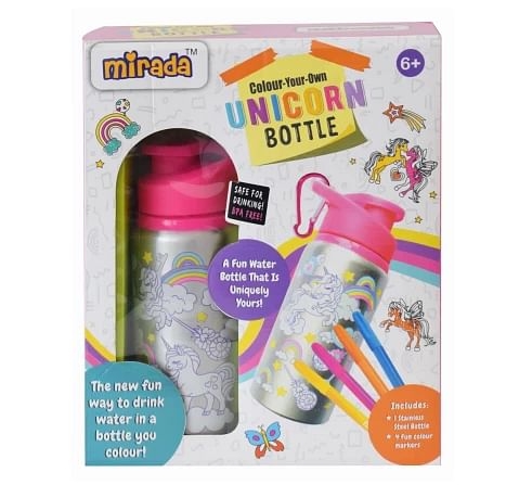 Colour Your Own Unicorn Stainless Steel Water Bottle by Mirada for Kids with 4 Fun Colour Markers, 6 Yrs +