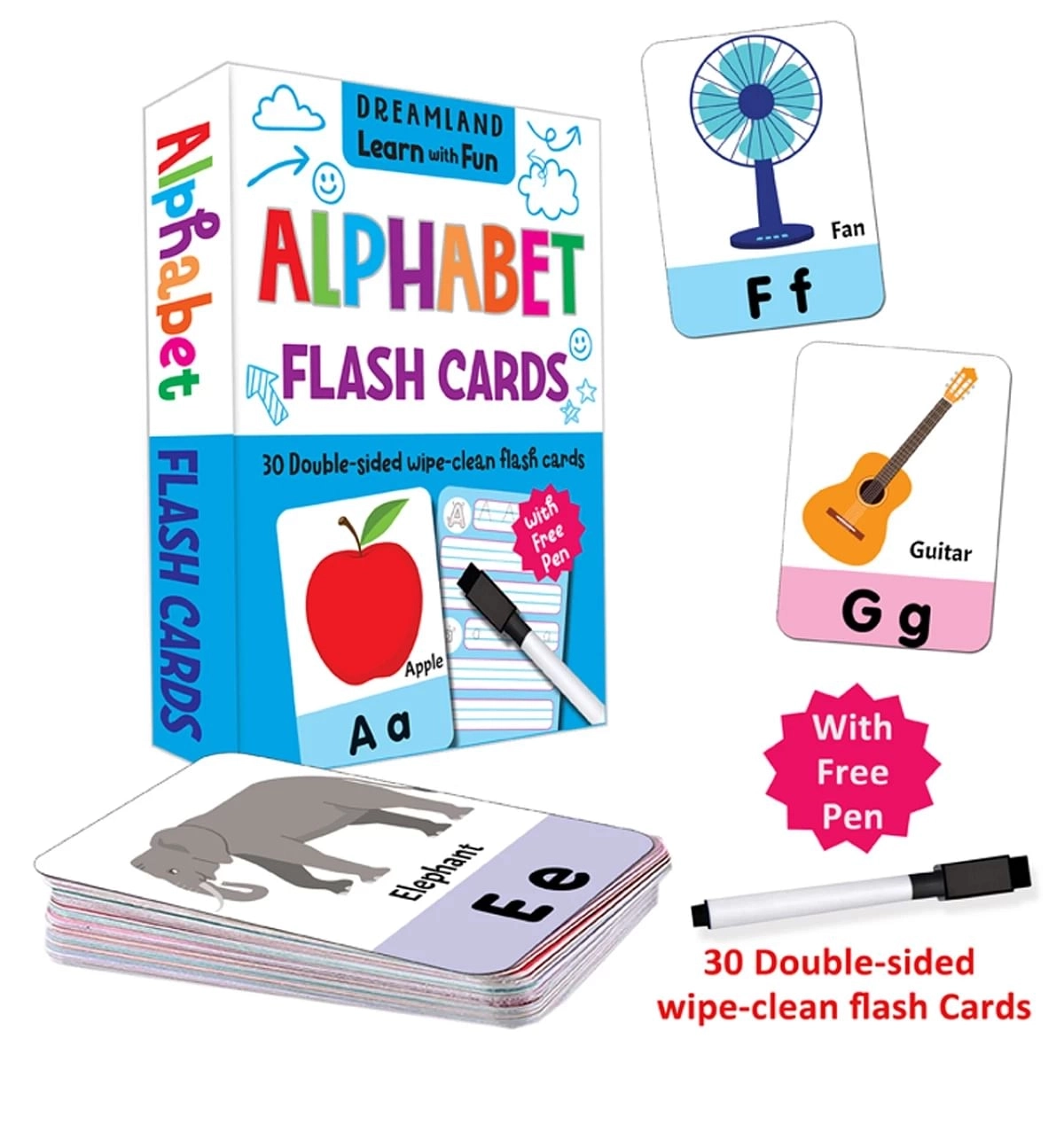 Dreamland Flash Cards Alphabet 30 Double Sided Wipe Clean Flash Cards For Kids (With Free Pen), 30 Pages, Flash Cards