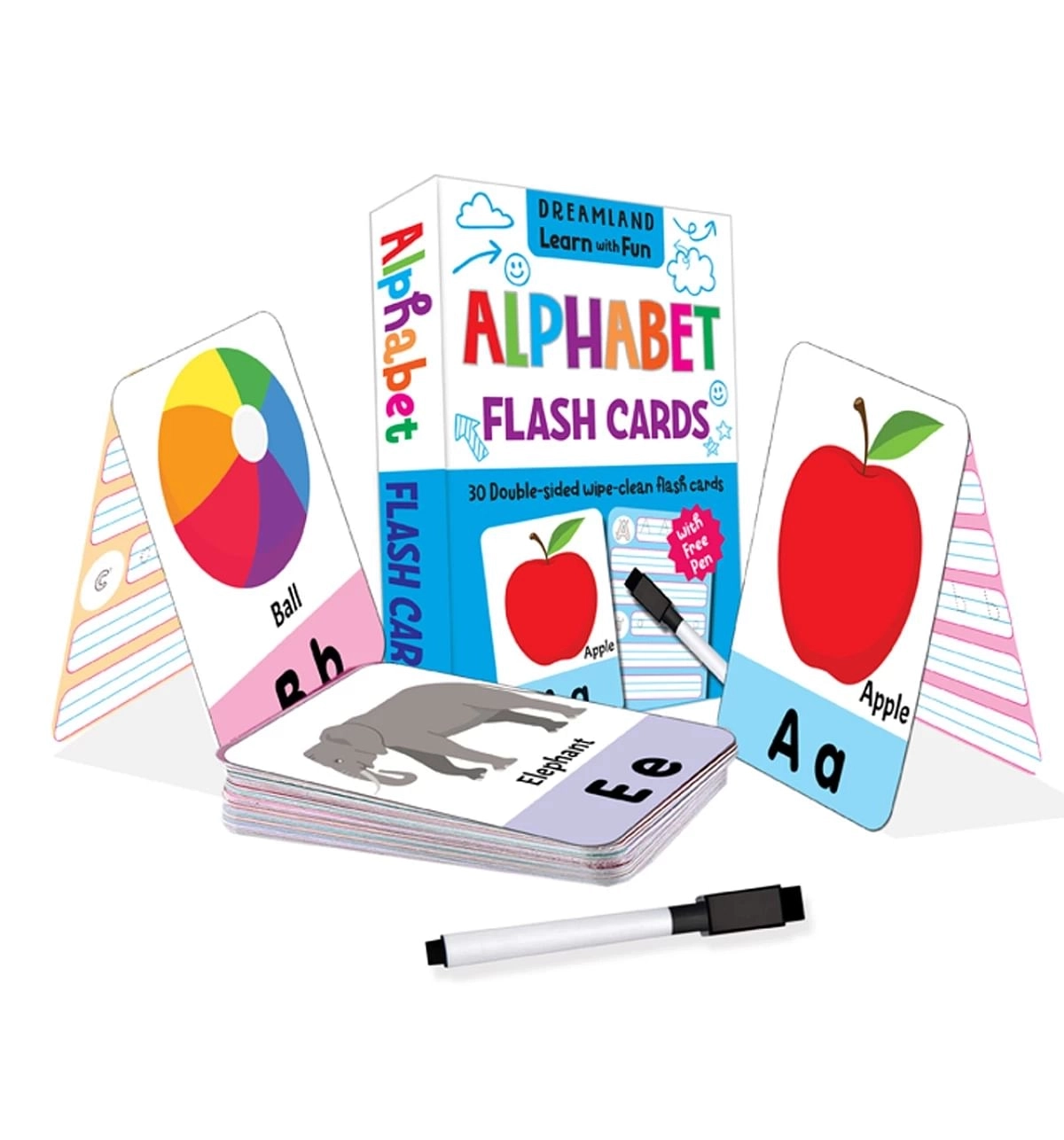 Dreamland Flash Cards Alphabet 30 Double Sided Wipe Clean Flash Cards For Kids (With Free Pen), 30 Pages, Flash Cards