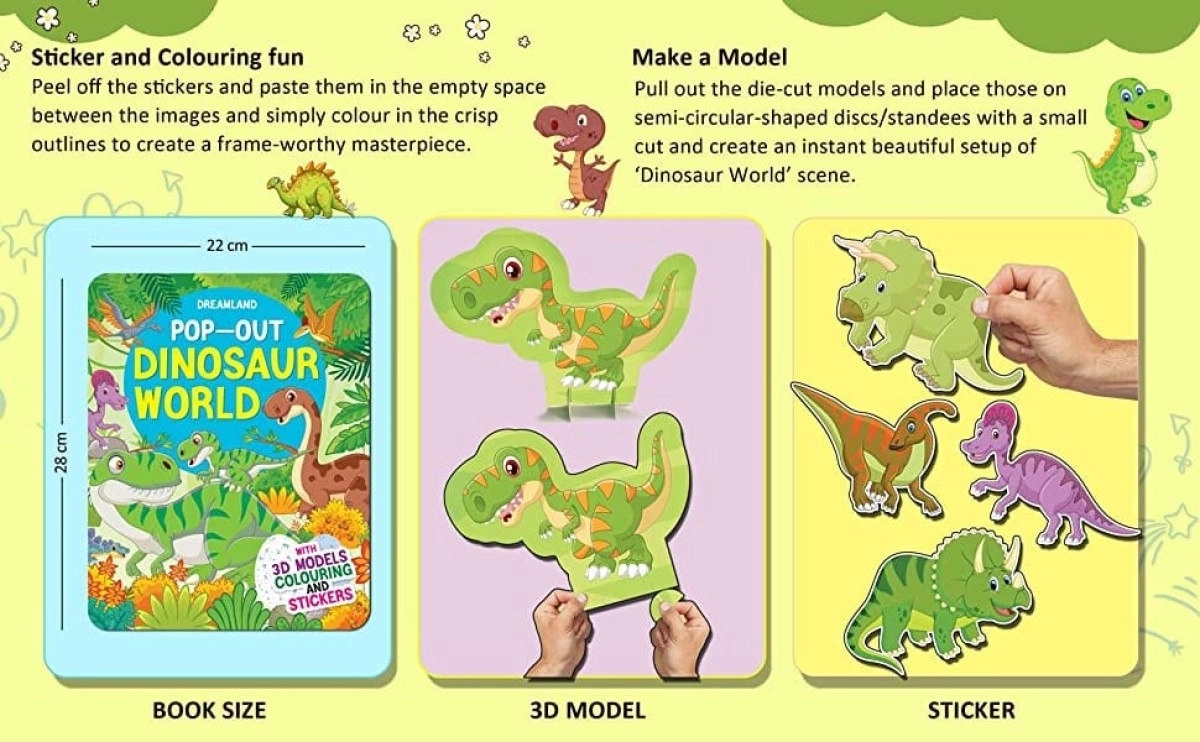 Dreamland Pop-Out Dinosaurs World With 3D Models Colouring Stickers, 1 Pages, Paperback