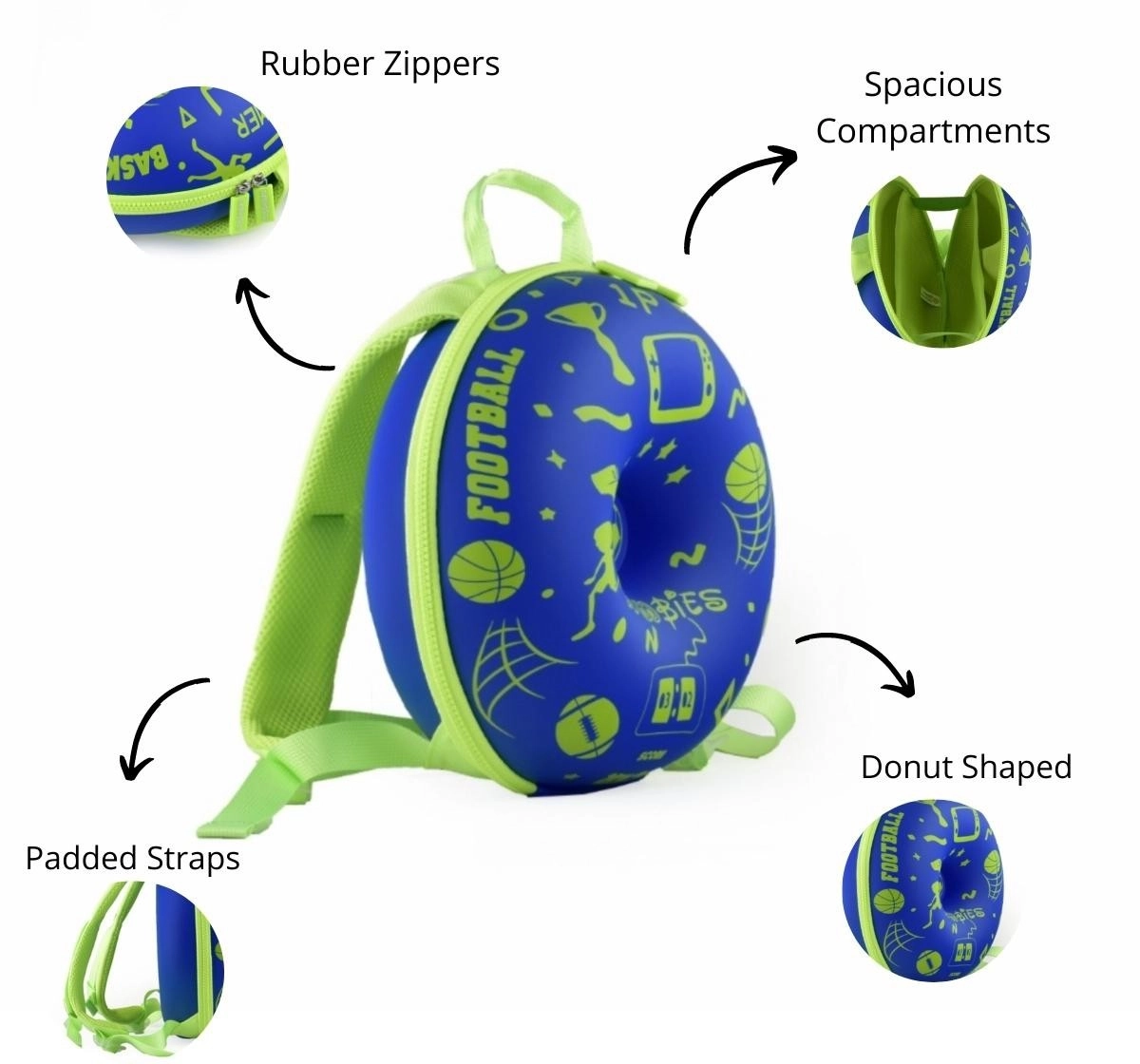 Scoobies Sporty-Donut Elegant And Cute Toddler Backpack For Little Girls Boys Bag, Blue & Green, 14 Cm, 3Y+