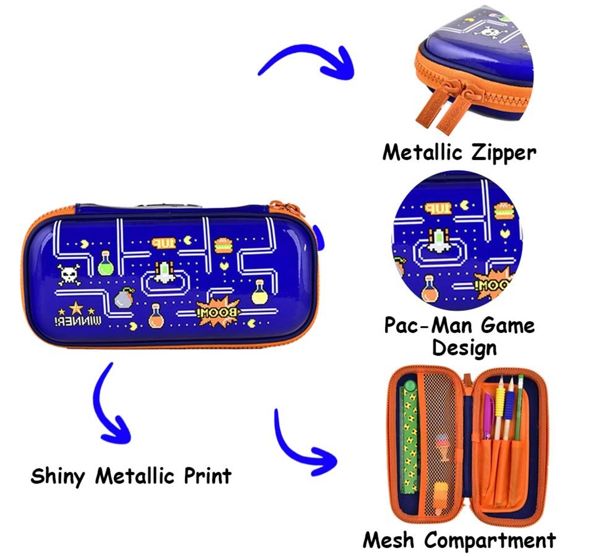Scoobies Gaming Pencil Case, Pac-Man Shiny Design With Separate Pen-Pencil Holder, Dual Mesh Compartments, Non-Toxic Unbreakable Zippers & Lightweight Pouch For Kids, Blue, 5 Cm, 3Y+