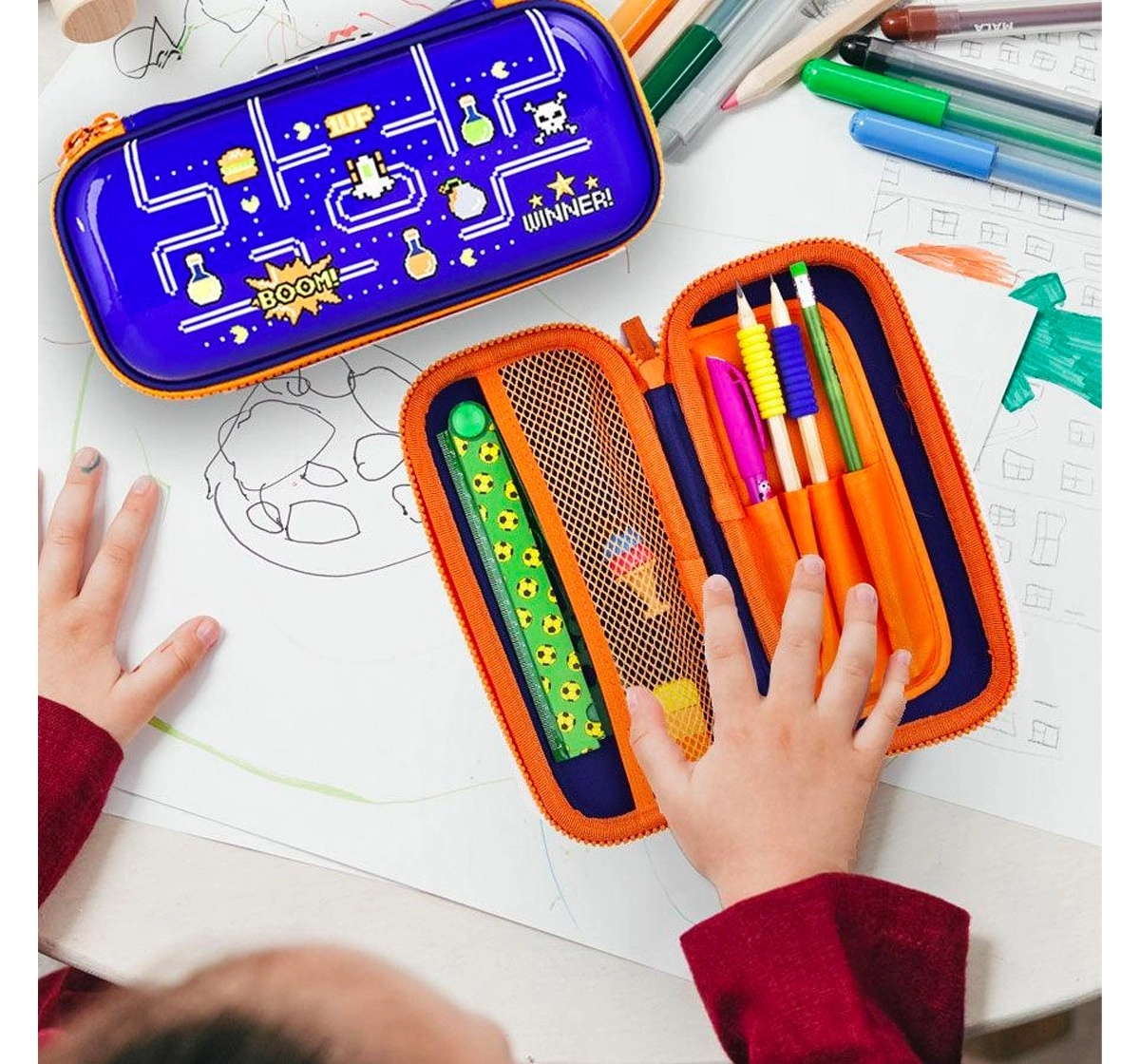Scoobies Gaming Pencil Case, Pac-Man Shiny Design With Separate Pen-Pencil Holder, Dual Mesh Compartments, Non-Toxic Unbreakable Zippers & Lightweight Pouch For Kids, Blue, 5 Cm, 3Y+