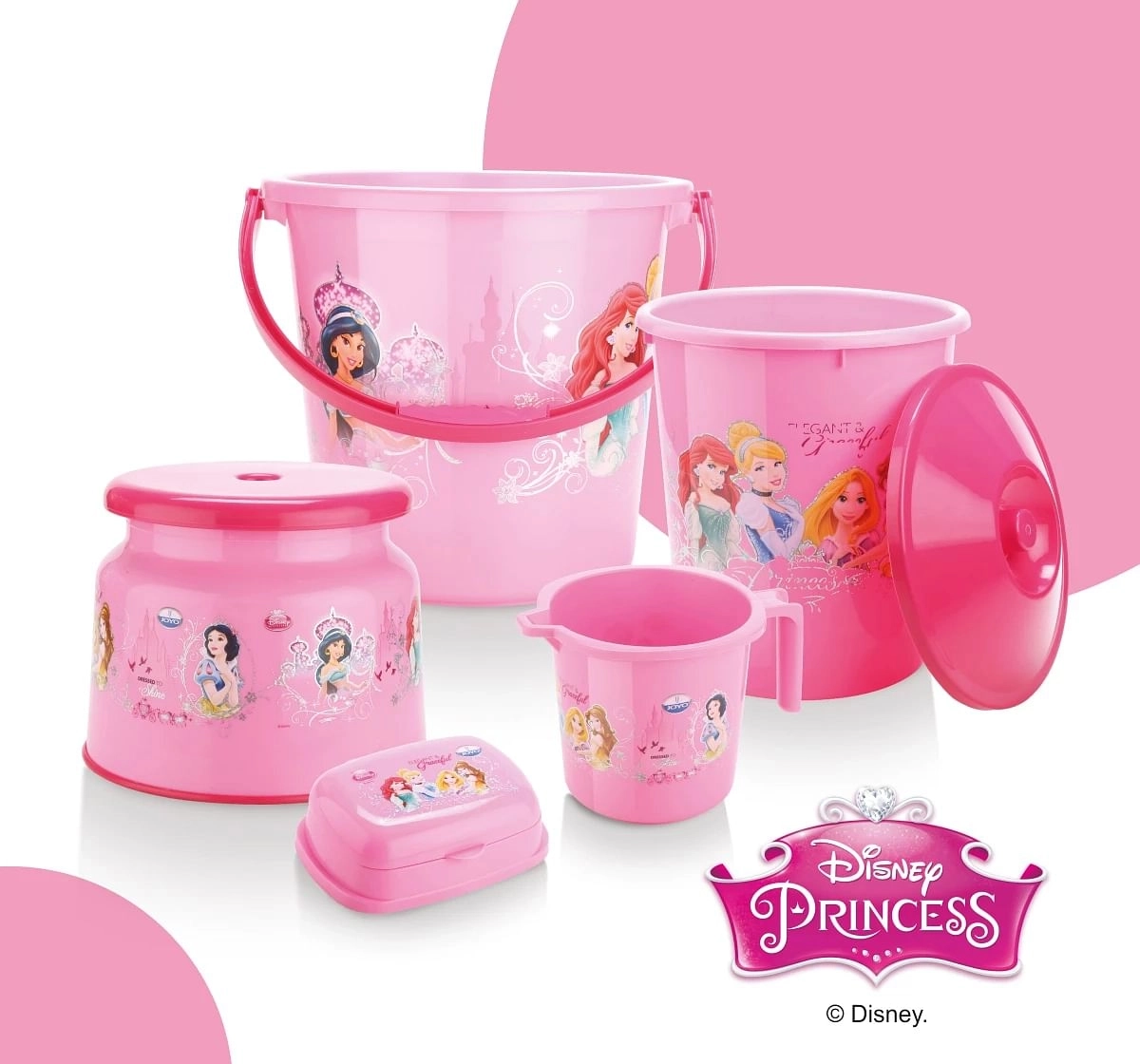 Disney Princess Bathroom Set by Joyo, 5 Pieces, Includes - Bucket, Round Patla, Dustbin, Mug and Soap Case, Pink, 3Yrs+