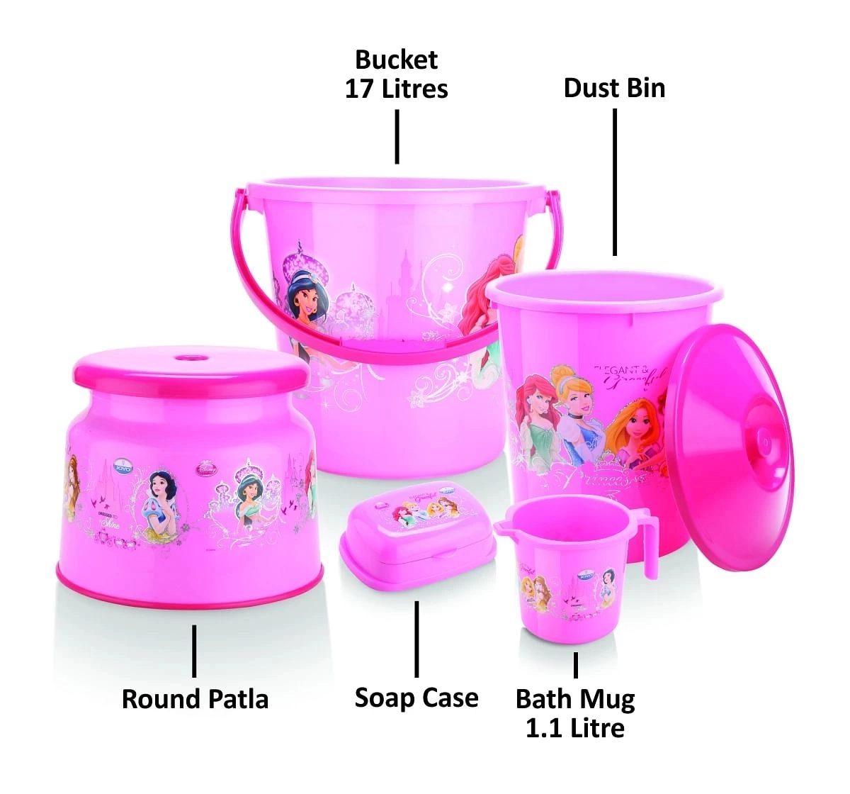 Disney Princess Bathroom Set by Joyo, 5 Pieces, Includes - Bucket, Round Patla, Dustbin, Mug and Soap Case, Pink, 3Yrs+