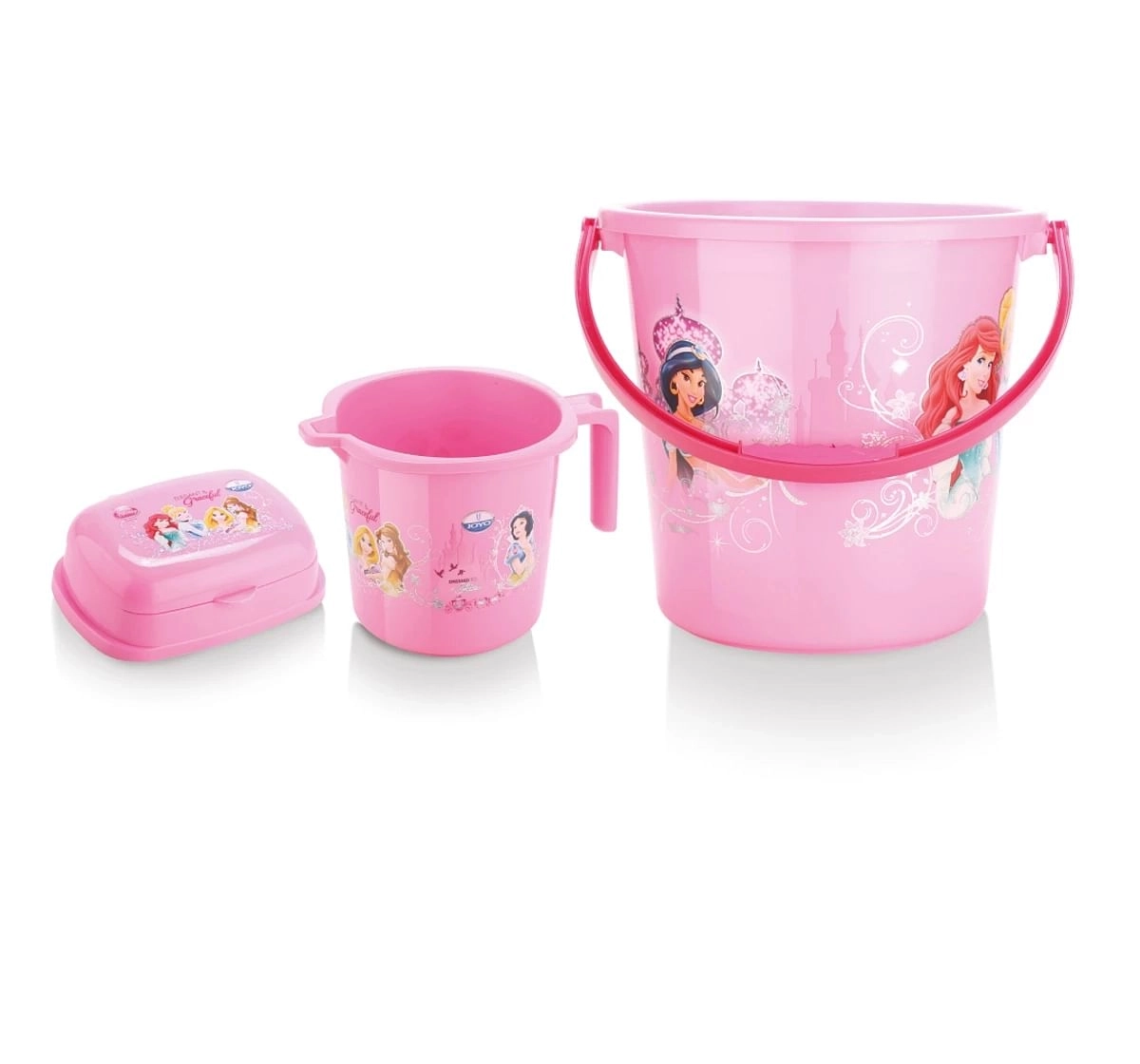 Disney Princess Bathroom Set by Joyo, 5 Pieces, Includes - Bucket, Round Patla, Dustbin, Mug and Soap Case, Pink, 3Yrs+