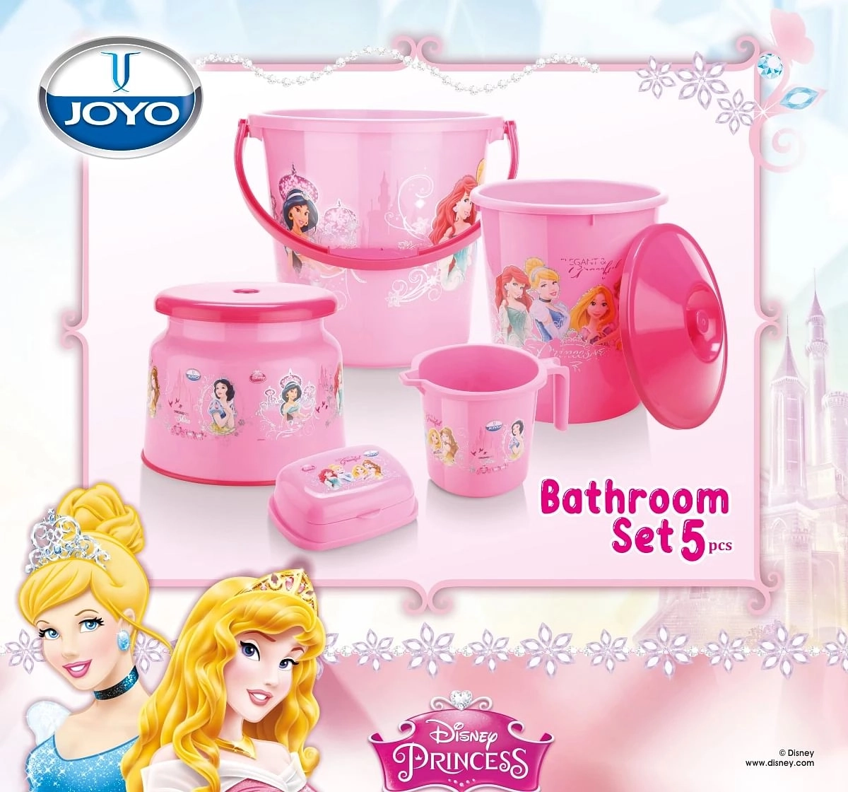 Disney Princess Bathroom Set by Joyo, 5 Pieces, Includes - Bucket, Round Patla, Dustbin, Mug and Soap Case, Pink, 3Yrs+