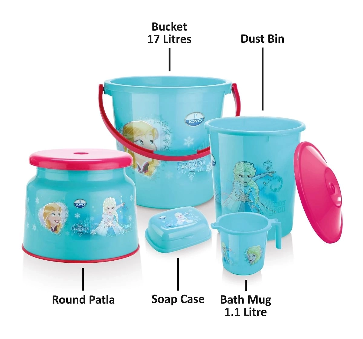 Disney Frozen Bathroom Set by Joyo, 5 Pieces, Includes - Bucket, Round Patla, Dustbin, Mug and Soap Case, Blue, 3Yrs+