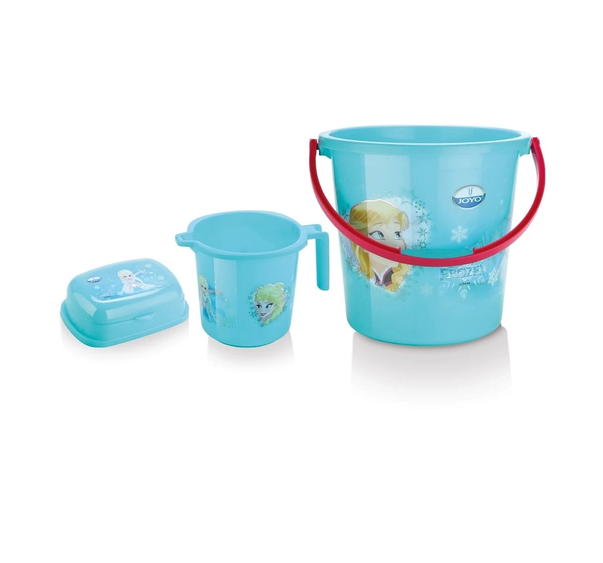 Disney Frozen Bathroom Set by Joyo, 5 Pieces, Includes - Bucket, Round Patla, Dustbin, Mug and Soap Case, Blue, 3Yrs+