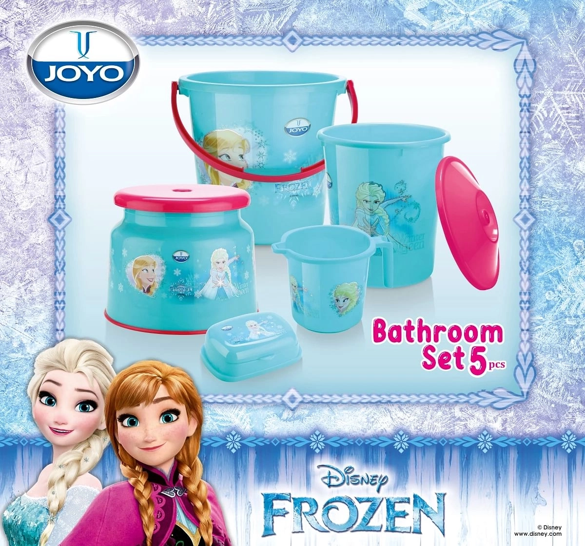 Disney Frozen Bathroom Set by Joyo, 5 Pieces, Includes - Bucket, Round Patla, Dustbin, Mug and Soap Case, Blue, 3Yrs+