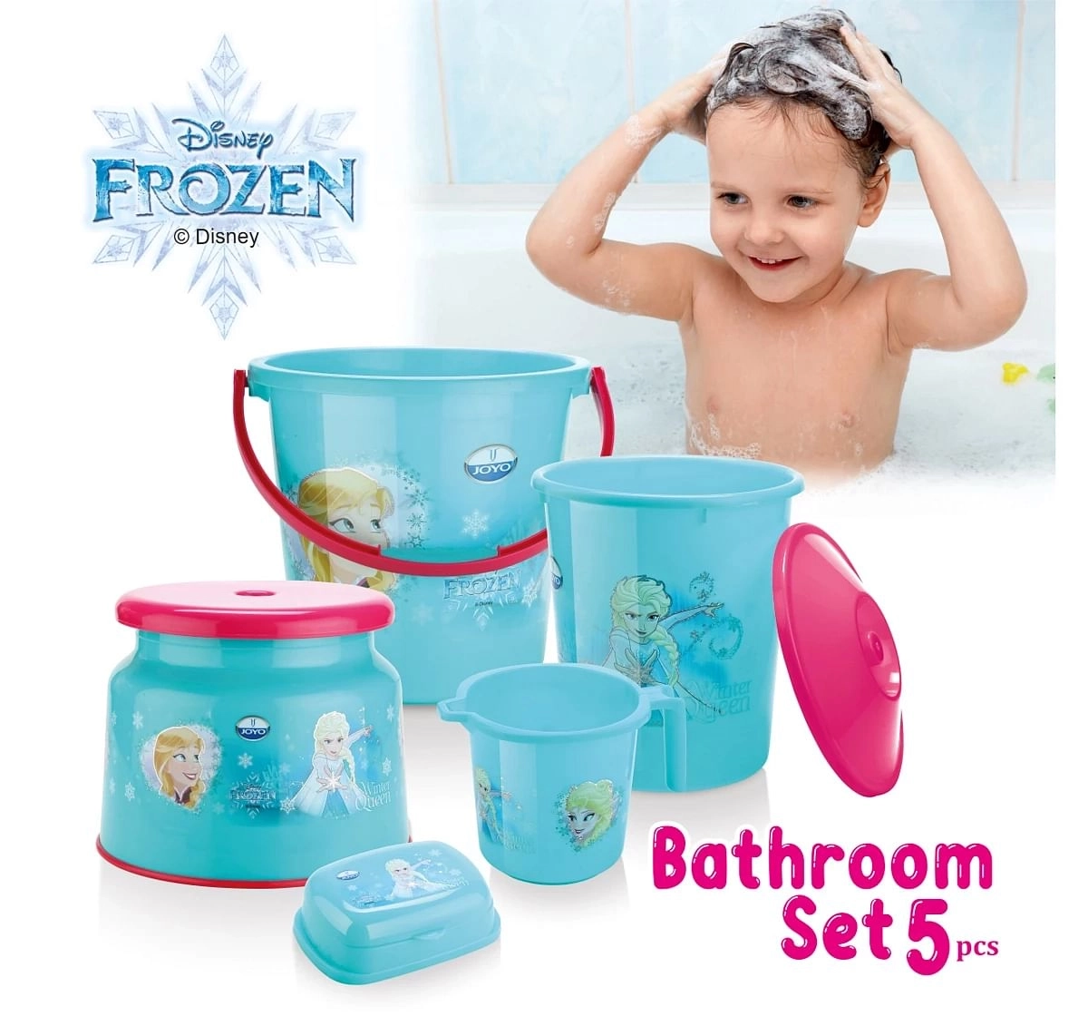 Disney Frozen Bathroom Set by Joyo, 5 Pieces, Includes - Bucket, Round Patla, Dustbin, Mug and Soap Case, Blue, 3Yrs+