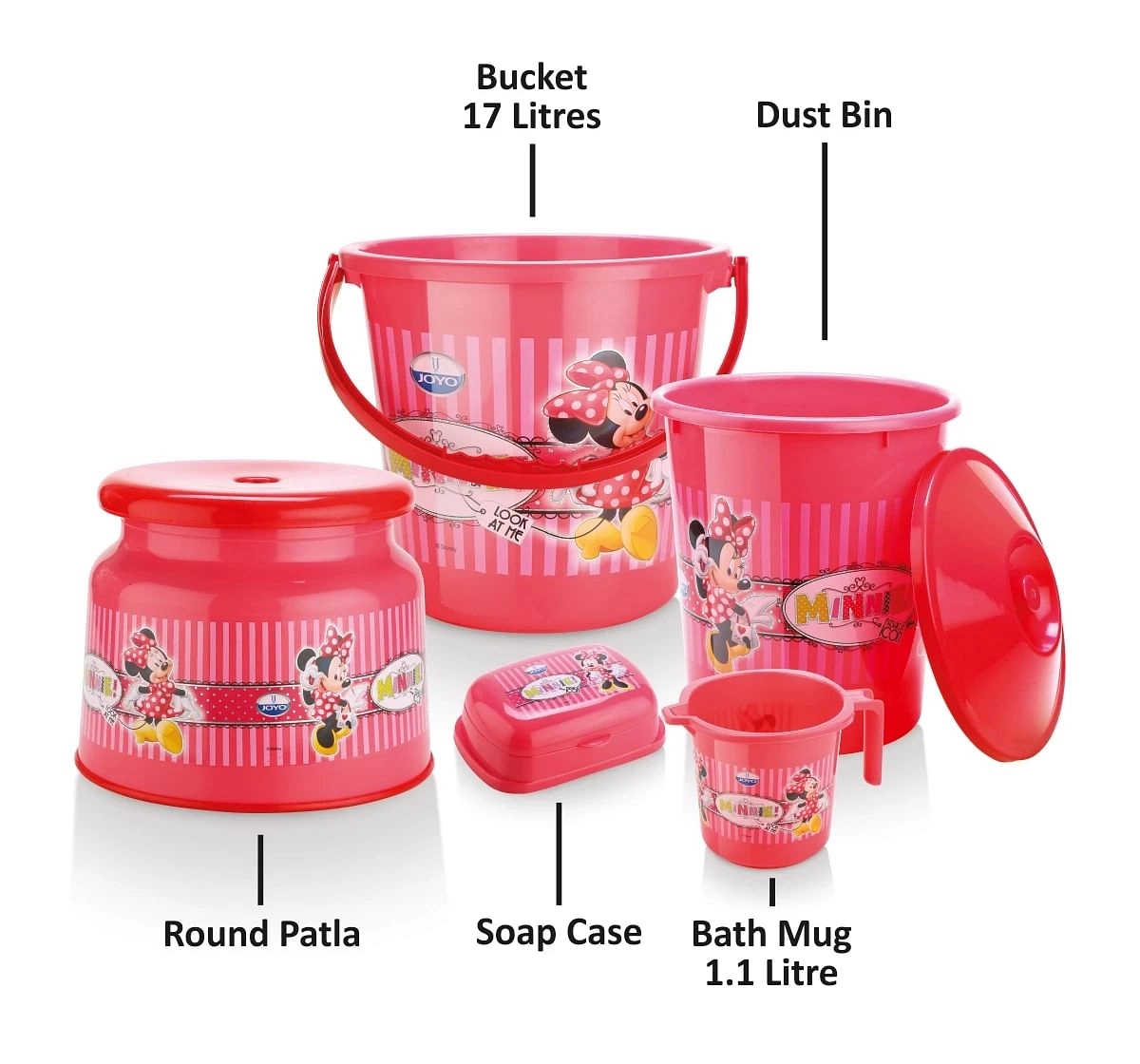 Disney Mouse Bathroom Set by Joyo, 5 Pieces, Includes - Bucket, Round Patla, Dustbin, Mug and Soap Case, Pink, 3Yrs+