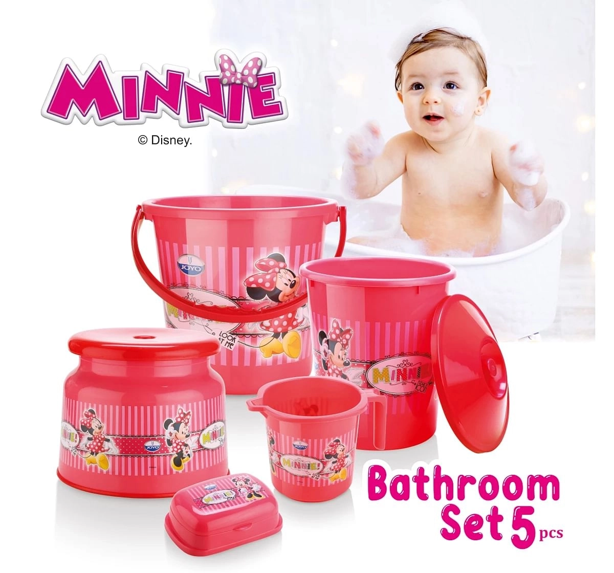 Disney Mouse Bathroom Set by Joyo, 5 Pieces, Includes - Bucket, Round Patla, Dustbin, Mug and Soap Case, Pink, 3Yrs+
