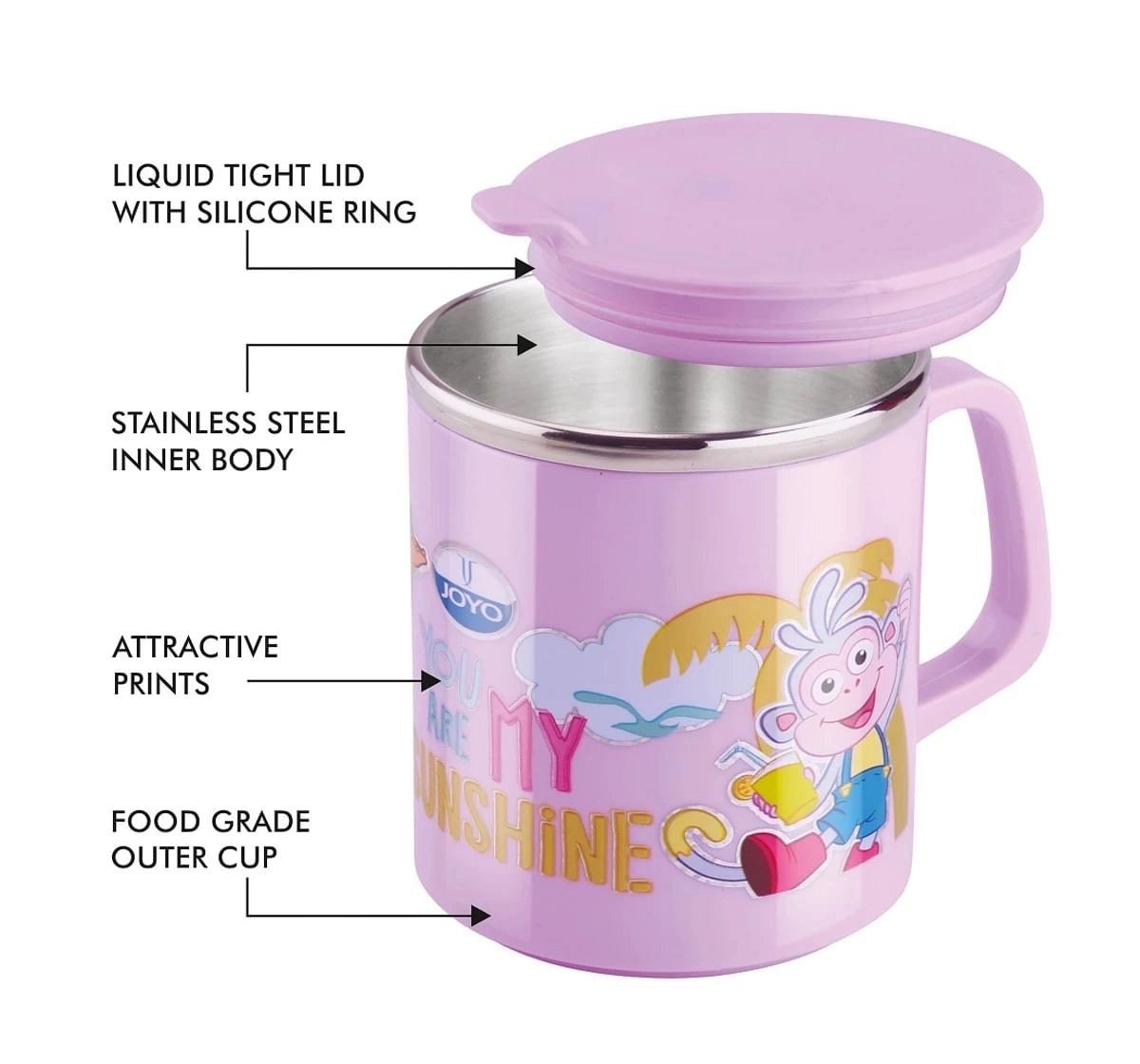 Joyo Disney Princess Costa Milk & Tea Stainless Steel Mug for Kids with Cartoon Print Mug for Kids with Lid, 240ml, Pink, 3Yrs+