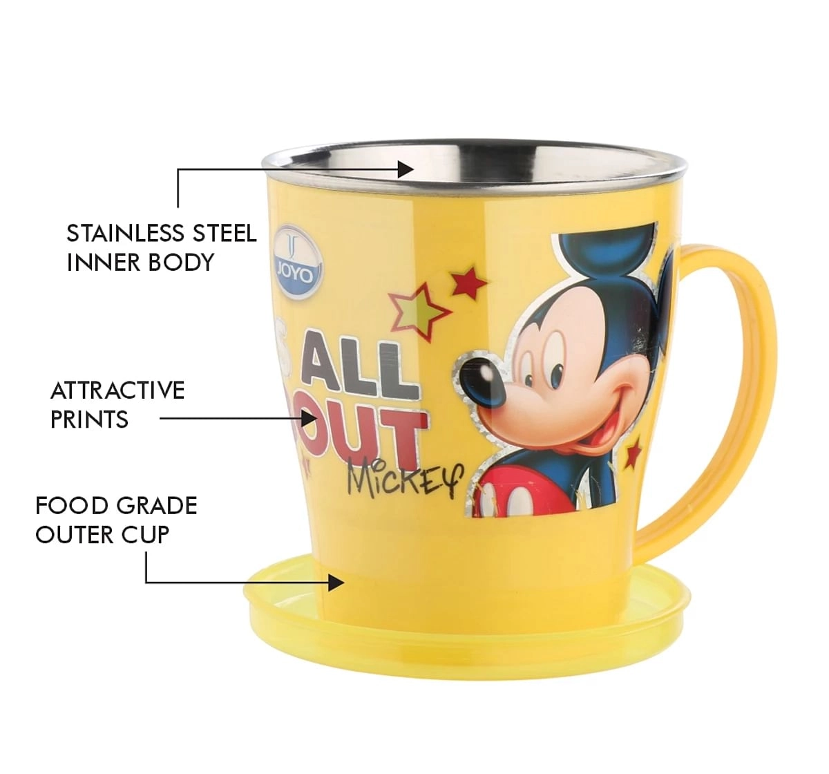 Joyo Disney Mickey Dream Milk & Tea Mug for Kids with Cartoon Print Mug for Kids with Handle, 300ml, Yellow, 3Yrs+