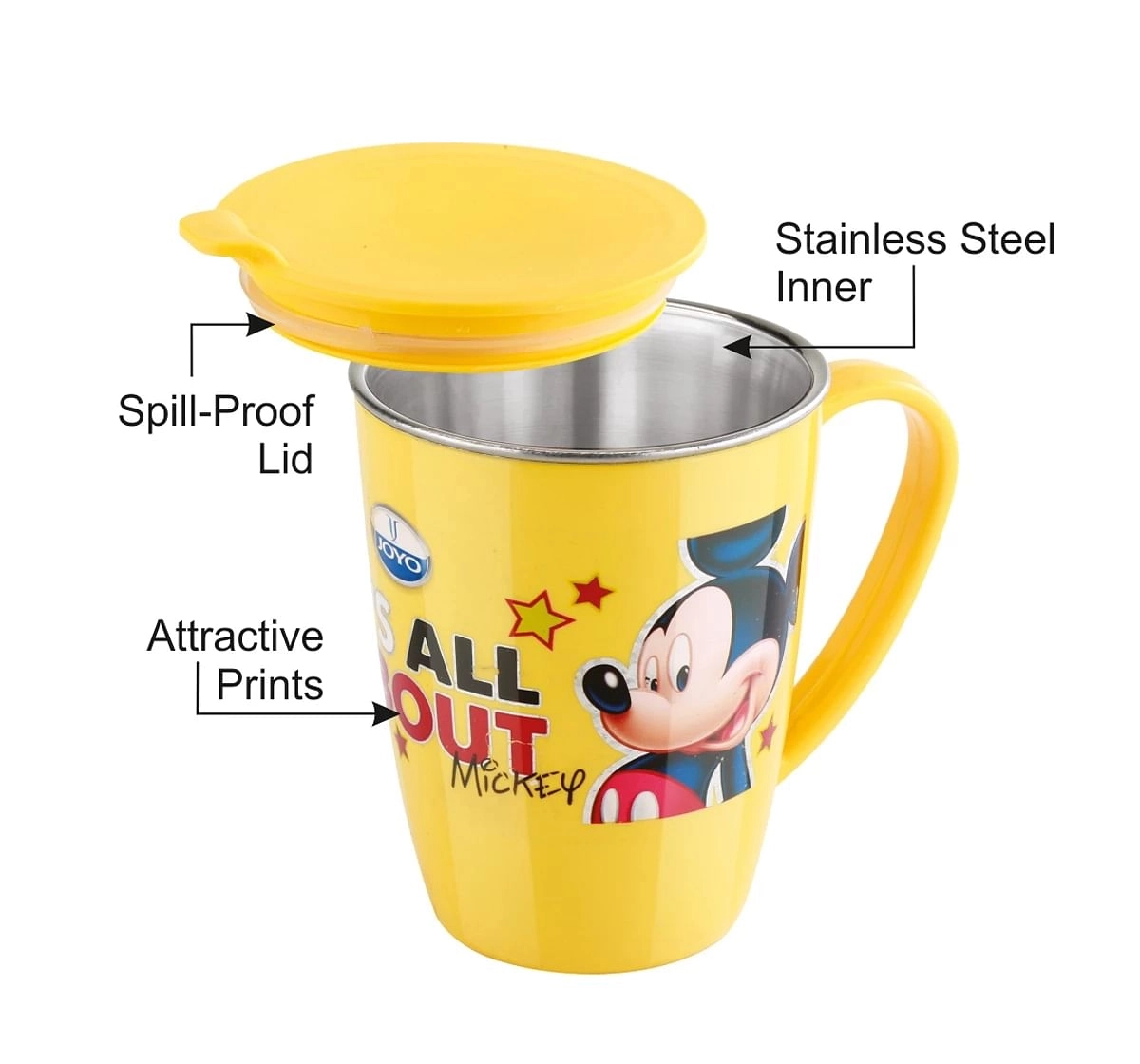 Joyo Disney Mickey Latte Milk & Tea Stainless Steel Mug for Kids with Cartoon Print Mug for Kids with Lid, 240ml, Yellow, 3Yrs+