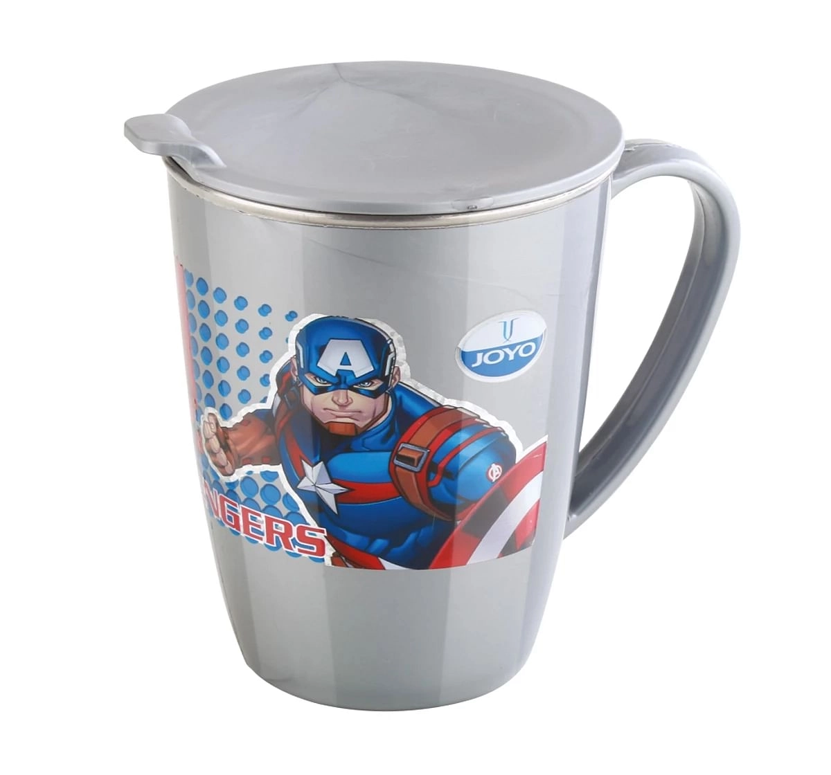 Joyo Marvel Avengers Latte Milk & Tea Stainless Steel Mug for Kids with Cartoon Print Mug for Kids with Lid, 240ml, Grey, 3Yrs+