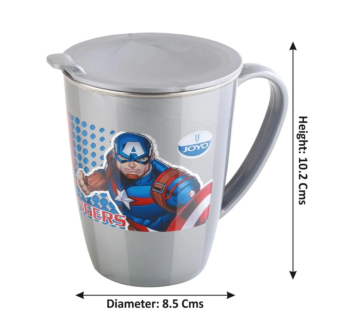 Joyo Marvel Avengers Latte Milk & Tea Stainless Steel Mug for Kids with Cartoon Print Mug for Kids with Lid, 240ml, Grey, 3Yrs+